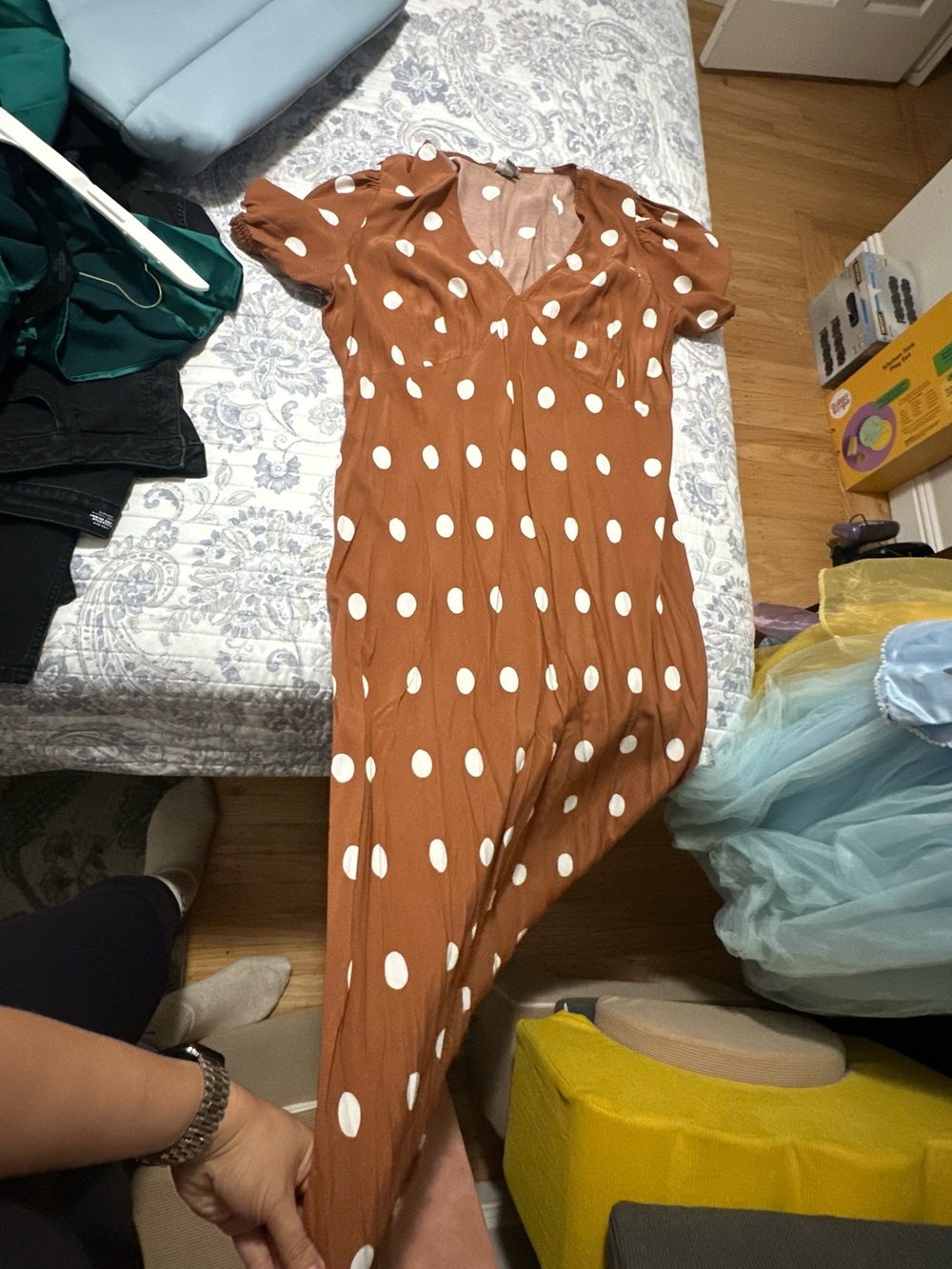 Rust Brown Polka Dot Midi Dress with Puff Sleeves